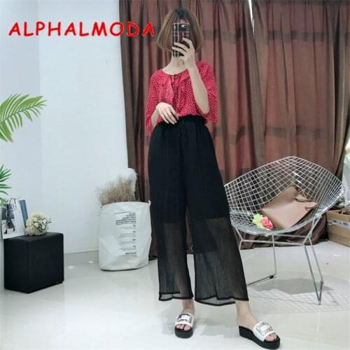 ALPHALMODA New Womens Chiffon Wide-leg Pants Fashion Vertical Striped Perspective Sashes Waist Female Fashion Trousers