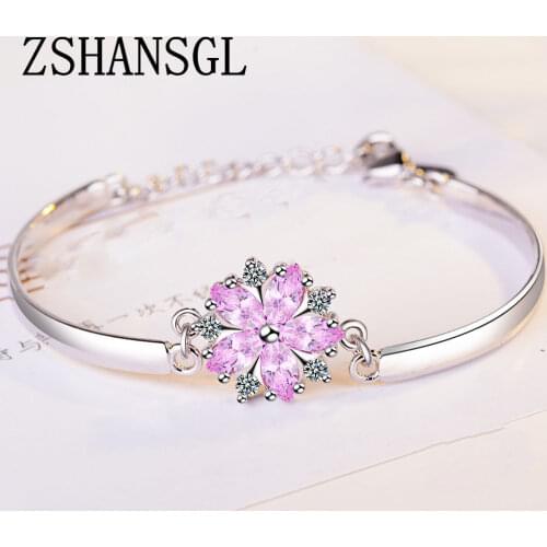 Genuine Silver Color Luminous Pink Daisy Flower Women Bracelets Clear CZ Crystal Fashion Bracelet Jewelry Making Gift