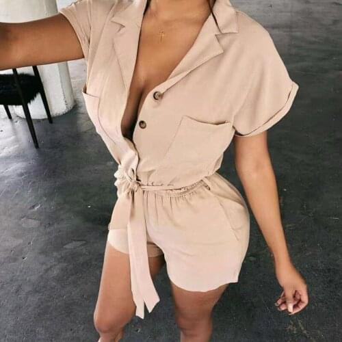 Women Turn-down Collar Overalls with Waistband Solid Color Short Sleeve Playsuit, Khaki/ Black/ Army Green