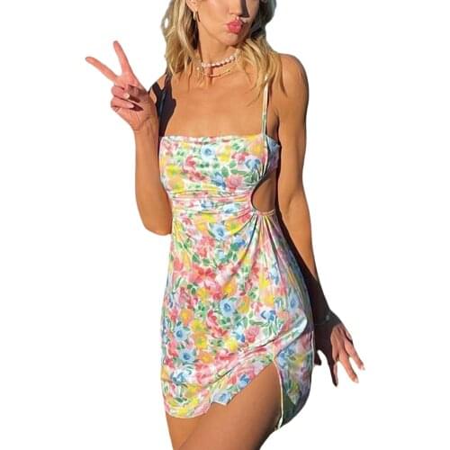 2021 Summer Women Close-fitting Slit Dress Floral Printed Pattern Boat Neck Sleeveless S/ M/ L