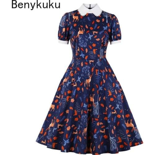 Cute Peter Pan Collar Animal Print Vintage Short Sleeve Dress Cotton Clothes for Women Party Robe 50s Pinup Retro A-Line Dresses