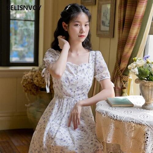 Prairie Chic Summer Women Elegant Midi Dress Square Collar Floral Printed Chiffon Mori Girl Vestidos Vintage Feminine Chic Dress