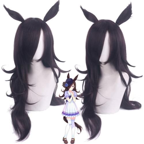 70CM Anime Pretty Derby Rice Shower Cosplay Wig With Ears Synthetic Hair Long Dark Brown Halloween Party Wigs Props