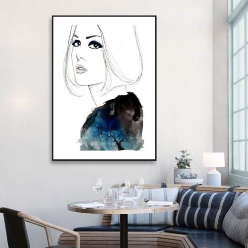 Abstract Prints Drawn Female Portrait Poster Blue Fashion Sketch Canvas Painting Minimalist Woman Art Decor Wall Picture