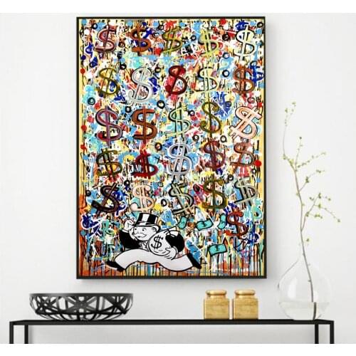 Abstract Dollar Monopoly Man Funny Posters And Prints Graffiti Raining Money Wall Art Canvas Painting For Living Room Decoration