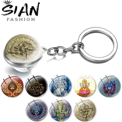 SIAN Ganesha Elephant Keychain Double Sided Glass Ball Surface Keyring Glass Cabochon Jewelry Accessories Trinket for Man Women