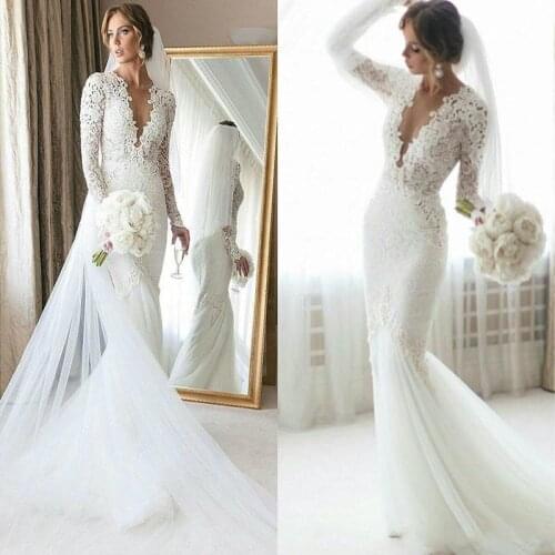 Mermaid Wedding Dresses Deep V Neck Lace Applique Long Sleeve Sweep Train Beach Wedding Gowns Pearls Plus Size Country Bridal Dr
