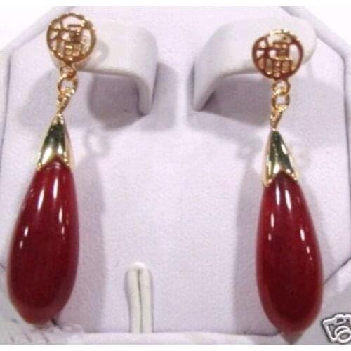 FREE shipping> >>>NATURAL LUCKY RED Natural stone DROP EARRINGS 14kGP