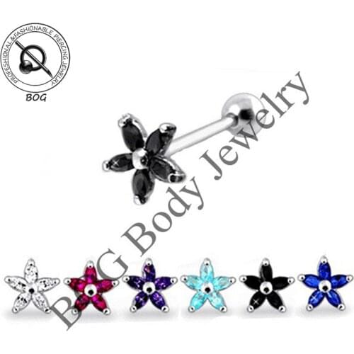 BOG- Lot 6 Pcs Surgical Steel 5mm CZ Flower Ear Tragus Cartilage Piercing Stud Earring 16g Body Jewelry