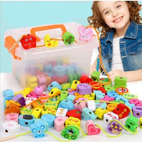 Montessori Cartoon Wooden DIY Block Family Letter Fruit Animal Stringing Threading Wooden beads toy Educational for Children