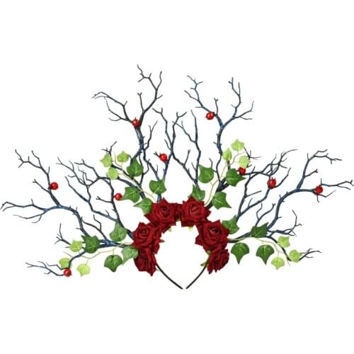 Long Antlers Headband Tree Branches Horns Hairband Gothic Cosplay Party Headdress Roses Leaf Berry Headpiece Lolita Fancy Dress
