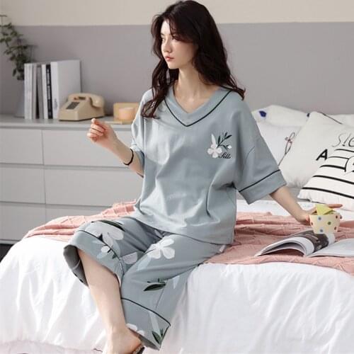 5XL Summer Womens Pajamas Set Casual Sweet Print Sleepwear Plus Size Cotton Home Clothes Cropped Pant Nightwear Pijamas Female