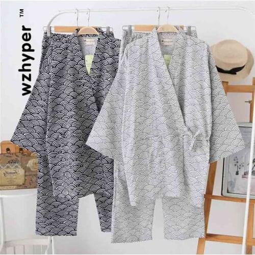 Hot Sale Simple wave 100% cotton short pyjamas men short sleeves sleepwear Japanese kimono pajamas sets shorts homewear bathrobe
