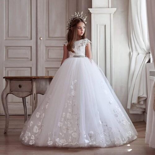Beaded Cap Sleeve Flower Girl Dresses For Wedding Jewel Neck Floral Appliques Girls Pageant Gowns Big Bow Kids Birthday Dress