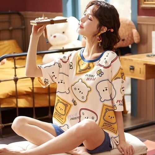 Kawaii Cartoon Pajamas Set For Women Cotton Plus Size Short Sleeve Homewear New Fashion Summer Cool Breathable Female Sleepwear
