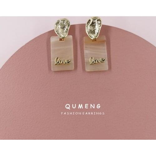 Qumeng 2020 fashion Drop alloy stud letter love simple square acrylic acid geometric pendants Earrings girls jewelry