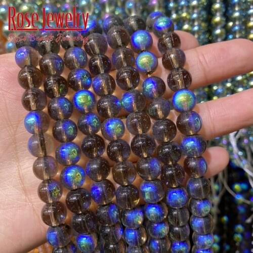 Multicolor Transparent Metallic Titanium Coated Natural Blue Clear Quartz Crystal Glass Smooth Round Beads 6 8 10mm 15" Strand
