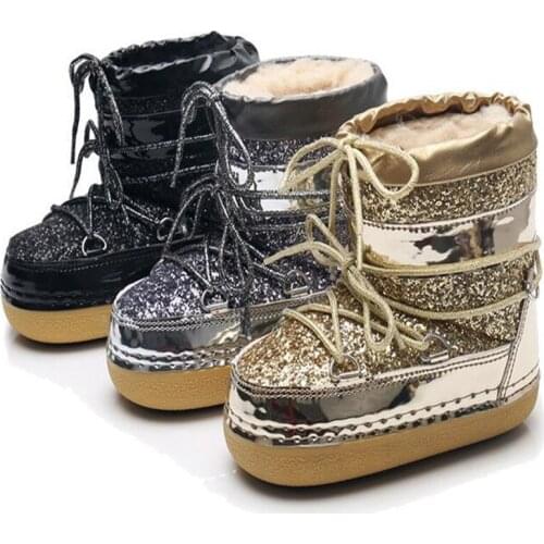 Hot wool space boots children thick bottom sequins shoes kids winter girl snow boots Parent-child Tide Ski Shoes Gold silver
