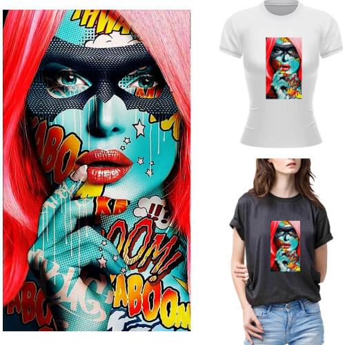 Beauty Girl Iron On Patches For Clothing Colorful Paiting Heat Transfer Thermal Sticker On Clothes Cool T-shirt Applique Patch