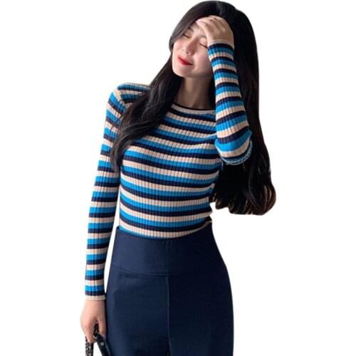 Korean Style Knitted Striped Basic T Shirts Women Autumn Korean Sweet Harajuku Slim Bottoming Long Sleeve Tee Shirt