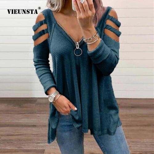 Womens t-Shirt Sexy Retro Creativity Low-Cut Zipper Hollow OutLong Sleeve Tops Casual Loose V-Neck Womens Clothing 2021 Shirts