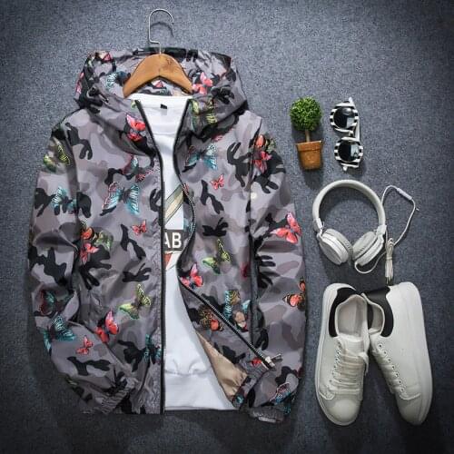 Womens Zipper Windbreaker Camouflage Print Coats Jacket Female Butterfly 2020 Spring Autumn Long Sleeve Hooded Lady Coat Tops
