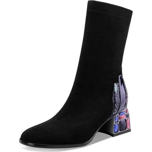 Genuine Leather women stretch socks boots thick high heels martin booties side designer bottes big size winter boots shoes