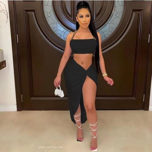 2021 summer casual street style sexy halter womens sexy strappy vest fashion split hip skirt suit women