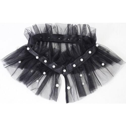40GC Women Pearl Beading Ruffled Mesh Fake Collar Vintage Detachable Shawl Choker