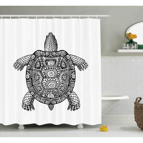Turtle Shower Curtain Tribal Patterns on Turtle Illustration Monochrome Animal Themed Tortoise Print Wall Decoration Curtains