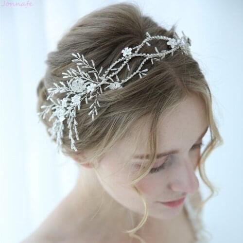 Jonnafe Silver Color Wedding Tiara Headband Flower Bridal Hair Vine Accessories Rhinestone Women Head Chain Jewelry