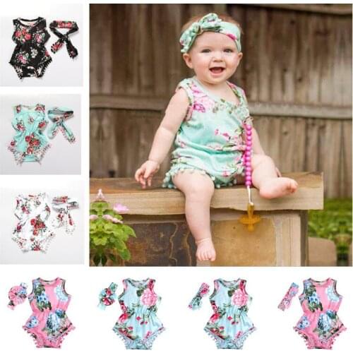 INS Clothes And Headband Sets Baby Girls Bodysuits Floral Romper Flower Baby Photographic Clothing