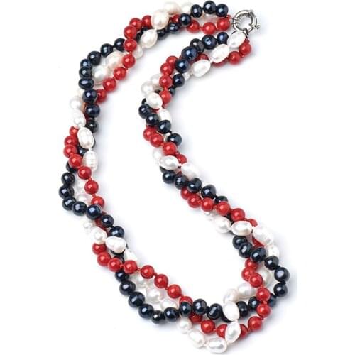7 mm Red Coral Balls with 6-7 mm Black pearl Balls add 7-10 mm Elliptical pure white beads Mixed Style Pearl necklace