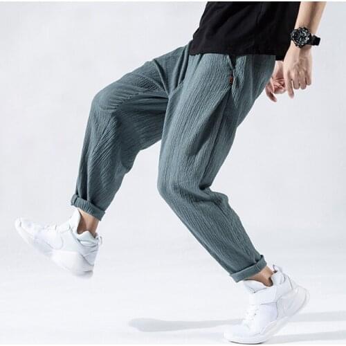 Mens Summer and Spring Casual Oversize Pants Elastic Waist Ankle-Length Male Trousers Jogger Sweat Pants Solid colour