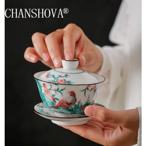CHANSHOVA 130ml Chinese gaiwan Ceramic Tea Tureen tea cup set Chna Blue and white porcelain Tea bowl 3-piece tea set H615