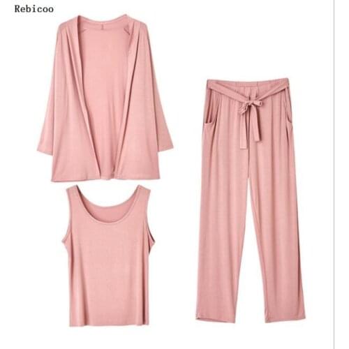 New Pajamas Womens Long Sleeves Loose Solid Color Slim Pajama Set Loungewear cotton Sleepwear Viscose Home Sleep Set 3 piece