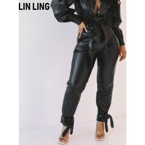 LINLING New Motorcycle Split Leather Imitation Leather Casual Pants High Waist Strap PU Leather Pants