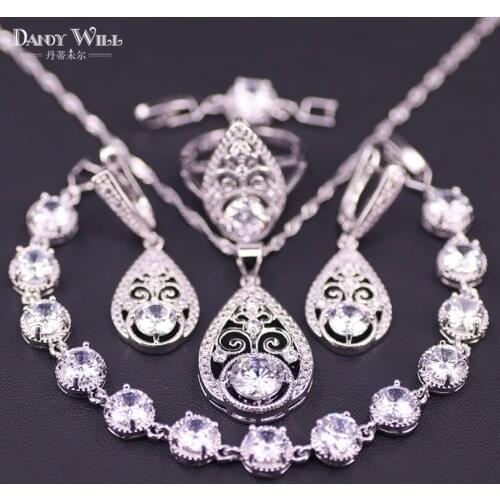 New design Pear Square Pure White Crystal & Cubic Zircon Silver Color Jewelry Sets for women Pendant Earrings Ring Bracelet Set