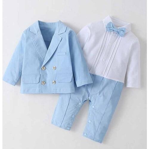 New Born Boys Baby Clothes Gentleman Bow Tie Blue Suit Set Baby Long Sleeve Jumpsuit Boy Kids Rompers+Coat Marry Dresses