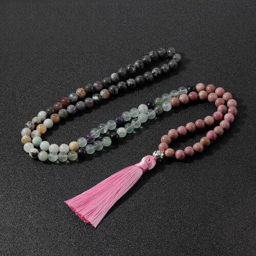 OAIITE Natural Labradorit Amazonite Amethyst Stone Mala Necklace 108 Beads Long Tassel Necklaces Bracelet Truth Courage Jewelry