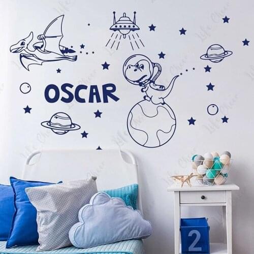 Personalized Name Dinosaur Space Astronomy Wall Sticker Kids Room Dinosaur Spaceship Planets Meteorite Stars Moon Wall Decal