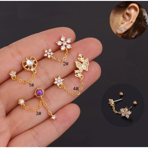 1Pc Butterfly Zircon Gem Tassel Earrings Helix Piercing Tragus Piercing Oreja Nose Ring Ear Piercing Body Jewelry Women