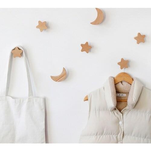 Nordic Wall-Mounted Wood Storage Hook Home Door Decoration Star Moon Rack Coat Hook Solid Wooden Storage Hanger Organizer