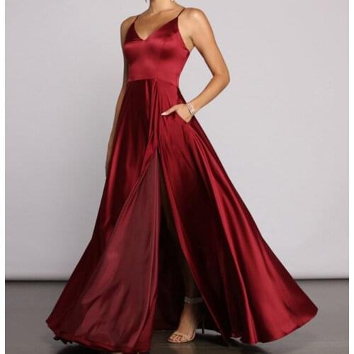 Sexy Burgundy Evening Dress Spaghetti Imitated SIlk Fabric Long Prom Dresses Side Split and Pocket New Arrival Promotion