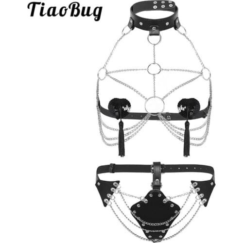 TiaoBug Hot Black Sexy Women Lingerie PU Leather Open Bust Body Caged Bra Women Harness Chain Underwear Loop Punk O Neck Belt