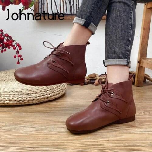 Johnature Genuine Leather Women Boots Lace-Up Shoes Flat With 2021 New Spring/Autumn Round Toe Handmade Leisure Ankle Boots