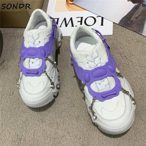 2021 Designer Chain Patchwork Women White Sneakers Fashion Genuine Leather Casual Running Shoes Platform Ladies Vulcanize Shoes