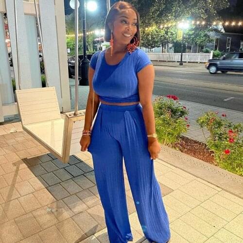 Knitted Ribbed Two Piece Set Women Summer Short Sleeve Crop Top and Wide Leg Pant Sets Streetwear 2 Piece Sets Womens Outfits