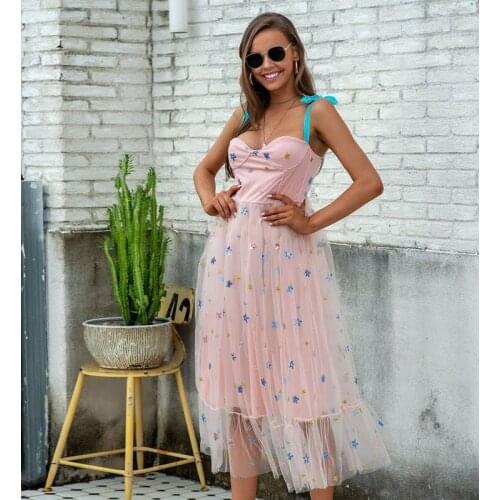 Women Sexy Dress Sling Mesh French Temperament Sequin Embroidered Tube Top Long Dress
