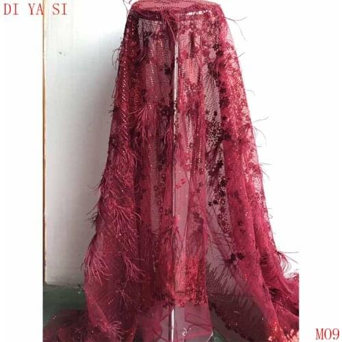 Gold lace evening lace fabric handmade 3D flowers pearls rhinestones feather and sequins on mesh lace fabric